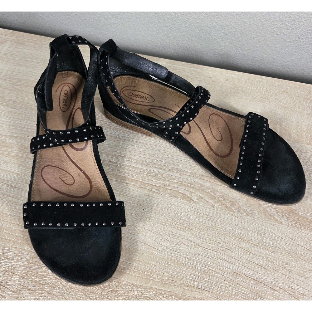 Aetrex Black Suede Studded Strappy Sandals Women's EU 40 US 9 Leather